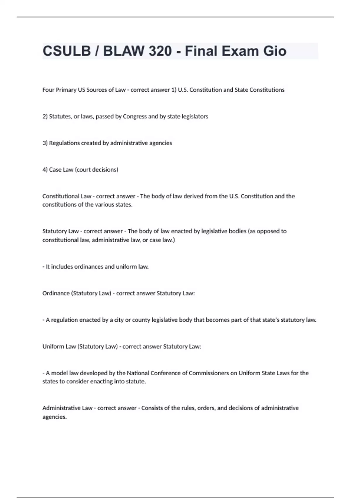 CSULB BLAW 320 - Final Exam Gio Question and answers correctly solved ...