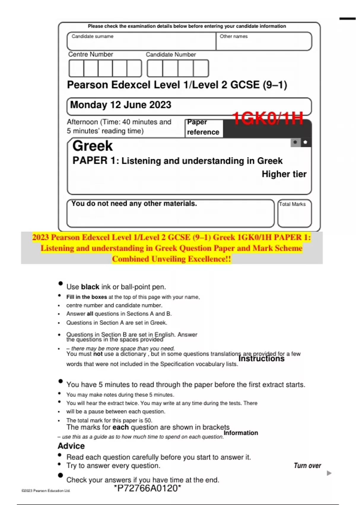 2023 Pearson Edexcel Level 1/Level 2 GCSE (9–1) Greek 1GK0/1H PAPER 1 ...