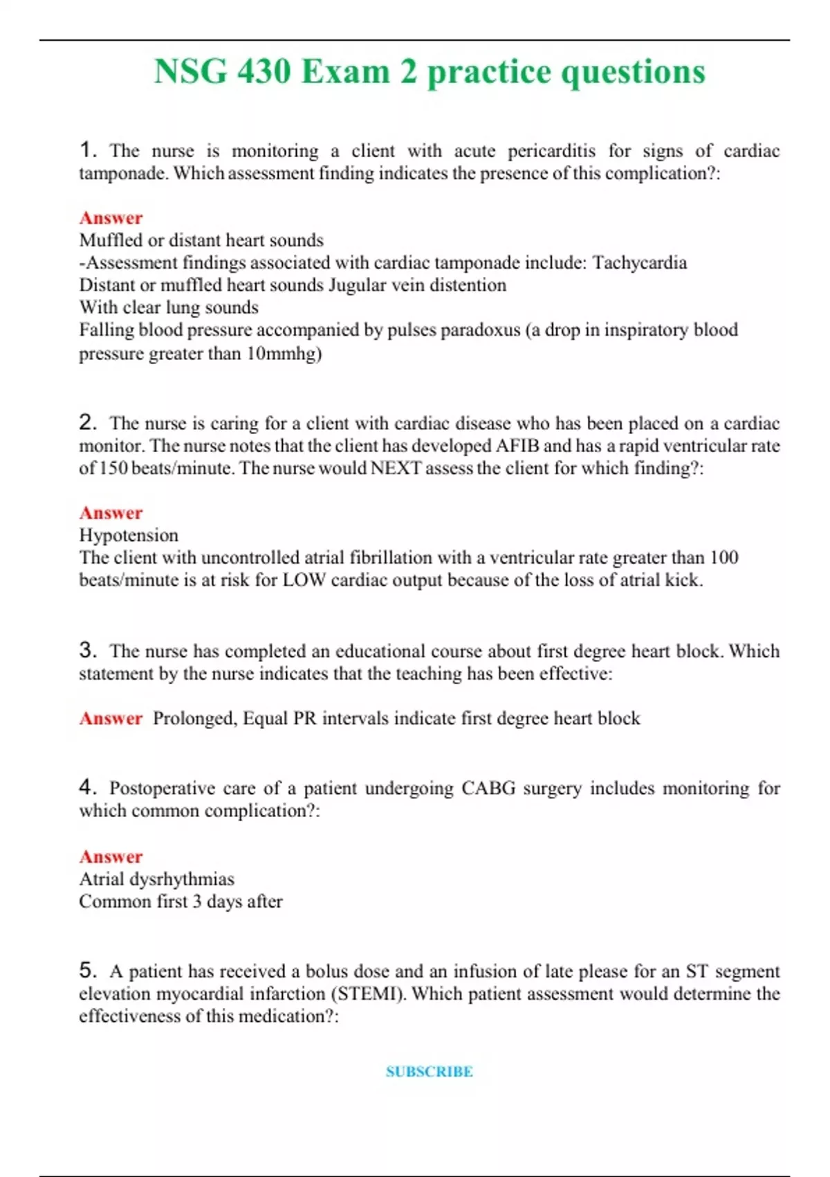 NSG 430 Exam 2 practice questions (Latest 2024 / 2025) Questions ...