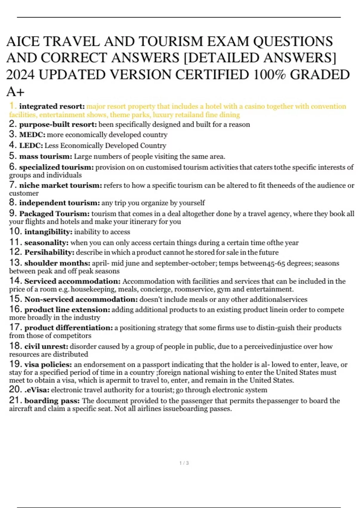 AICE TRAVEL AND TOURISM EXAM QUESTIONS AND CORRECT ANSWERS [DETAILED ...