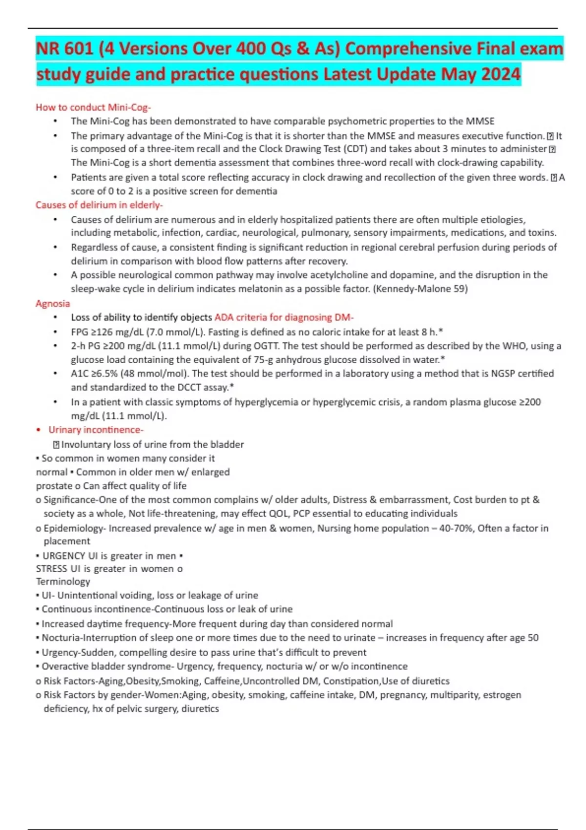 NR 601 (4 Versions Over 400 Qs & As) Comprehensive Final exam study ...