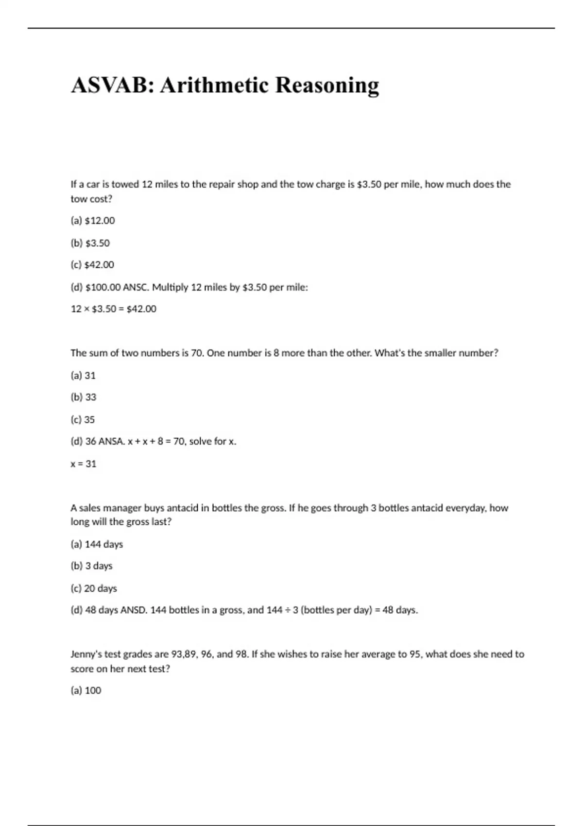 ASVAB: Arithmetic Reasoning Complete Questions and Answers 2024 Latest ...
