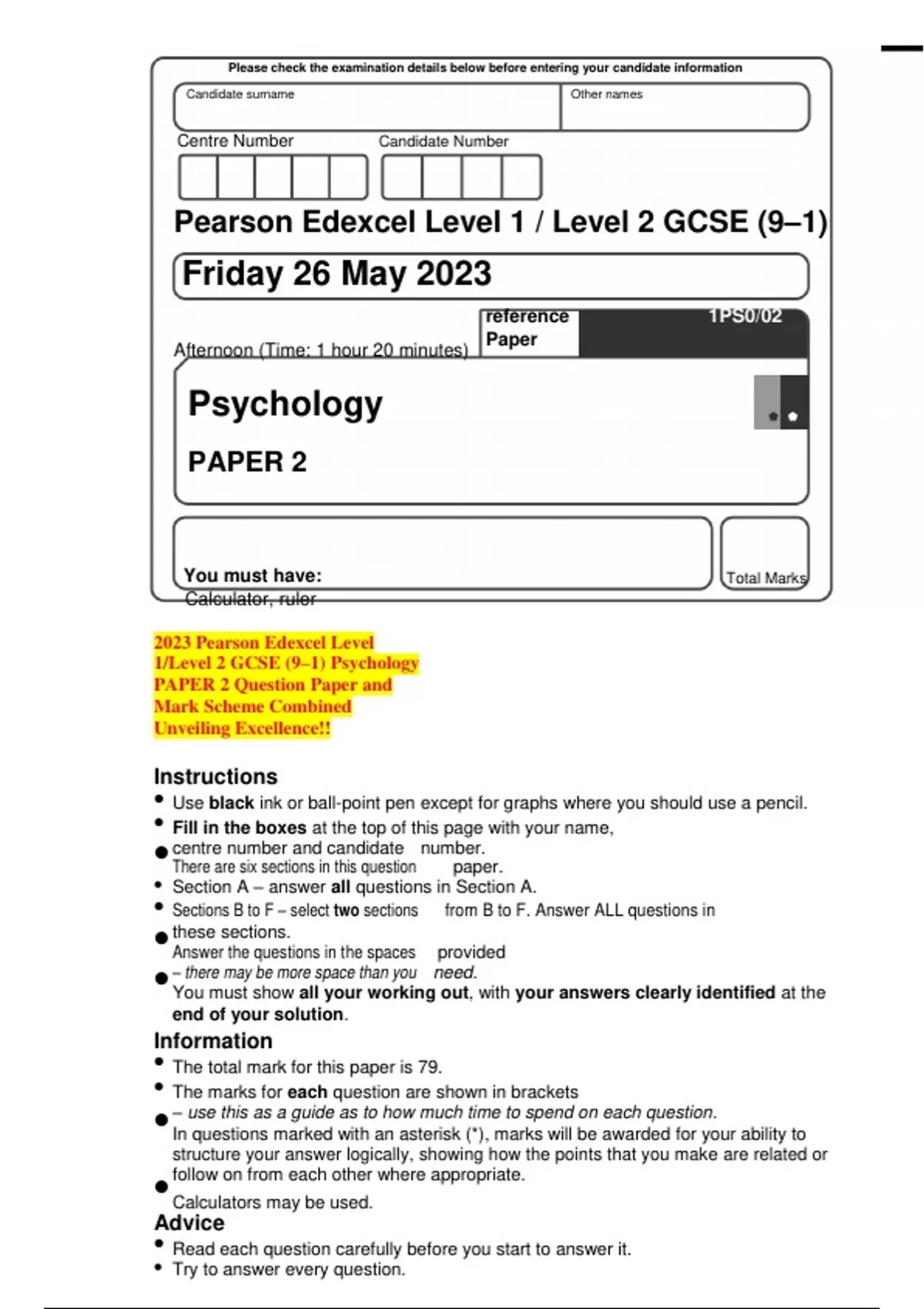 2023 Pearson Edexcel Level 1/Level 2 GCSE (9–1) Psychology PAPER 2 ...