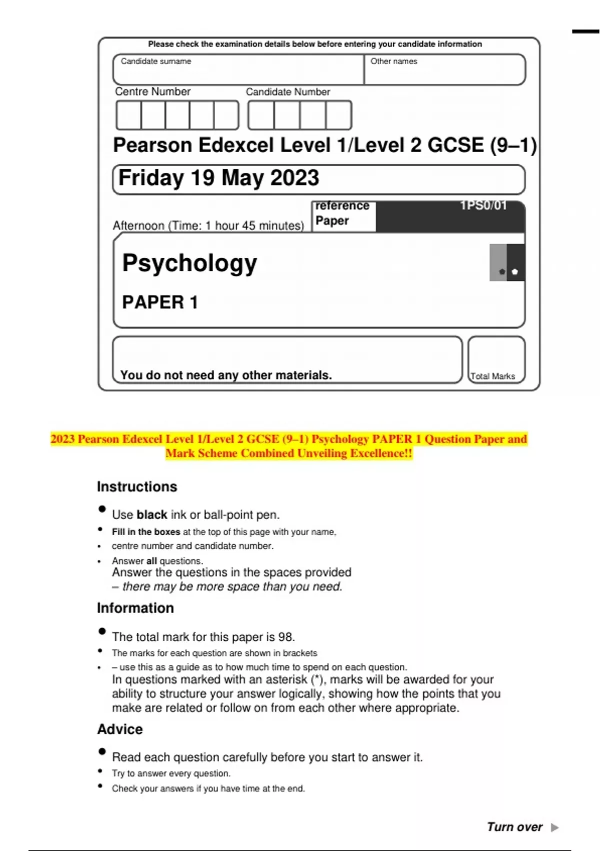 2023 Pearson Edexcel Level 1/Level 2 GCSE (9–1) Psychology PAPER 1 ...