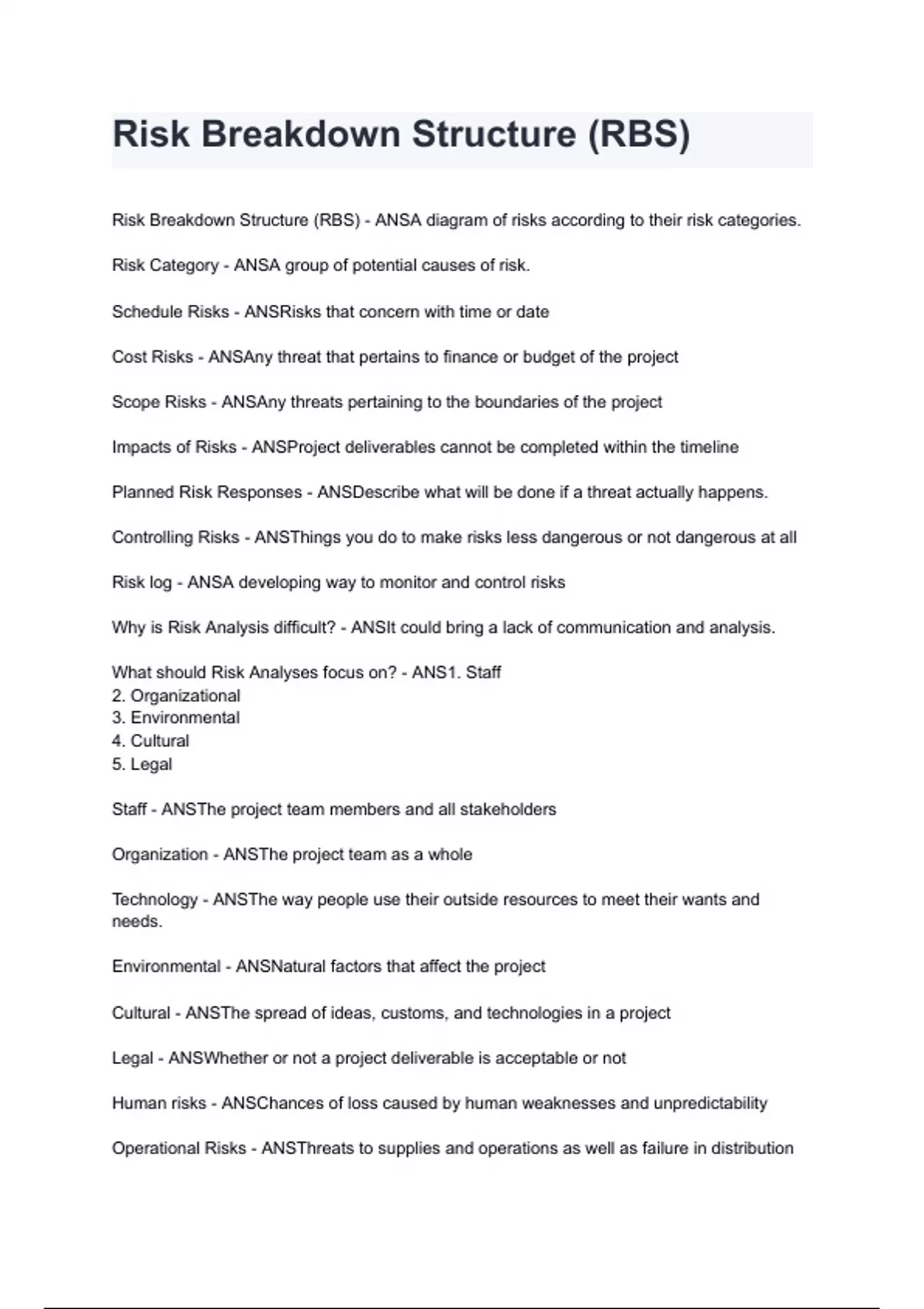 Numeric Risk Breakdown Structure Risk Breakdown Structure (RBS) questions and answers graded A+ by ...