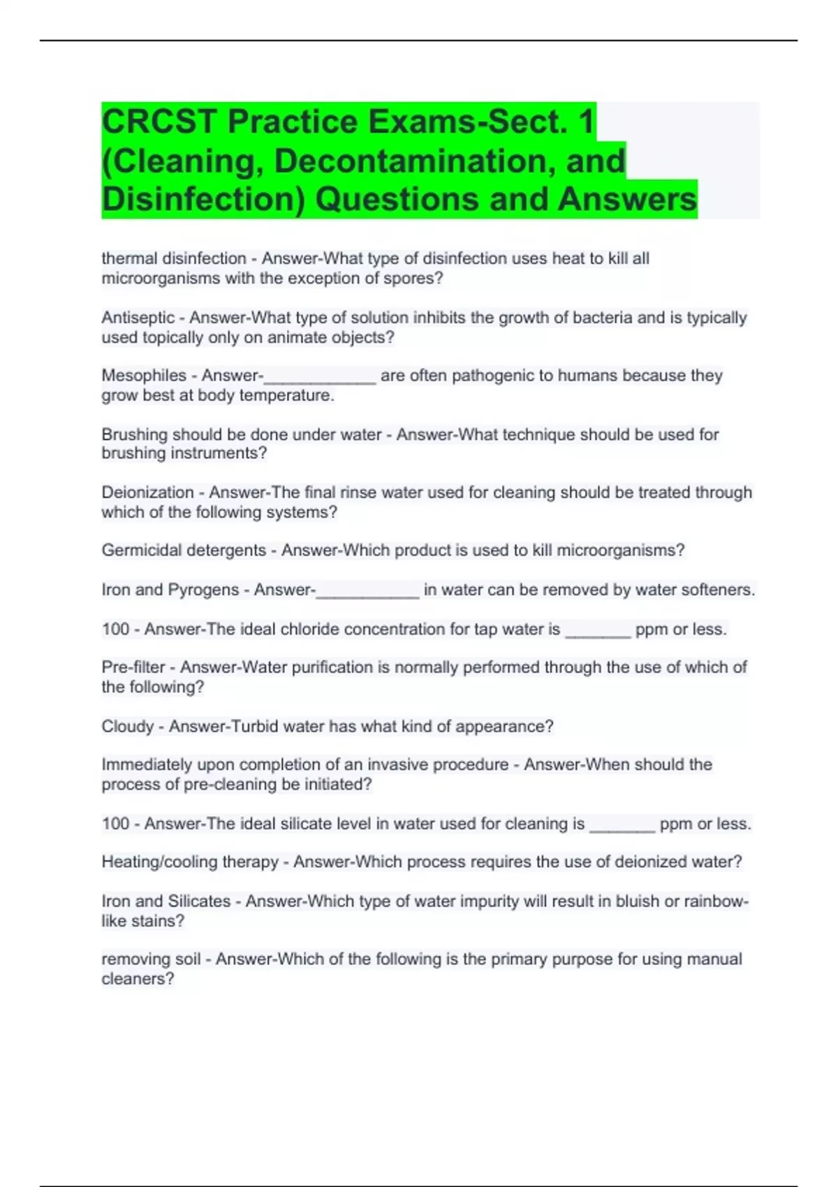 CRCST Practice ExamsSect. 1 (Cleaning, Decontamination, and