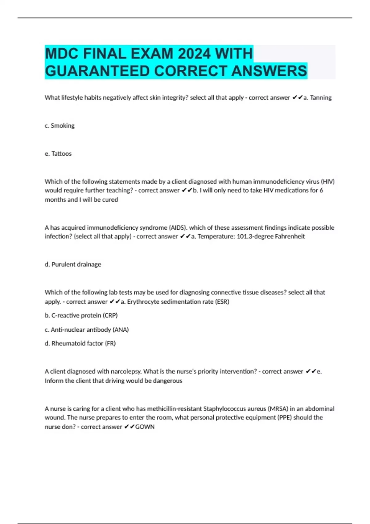 MDC FINAL EXAM 2024 WITH GUARANTEED CORRECT ANSWERS - MDC - Stuvia US