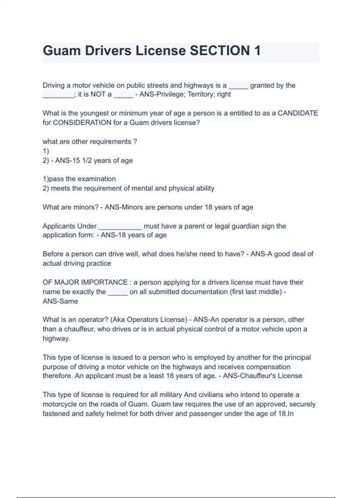 Guam Drivers Abstract Example Guam Drivers License SECTION 1 with complete solution - Guam Drivers ...