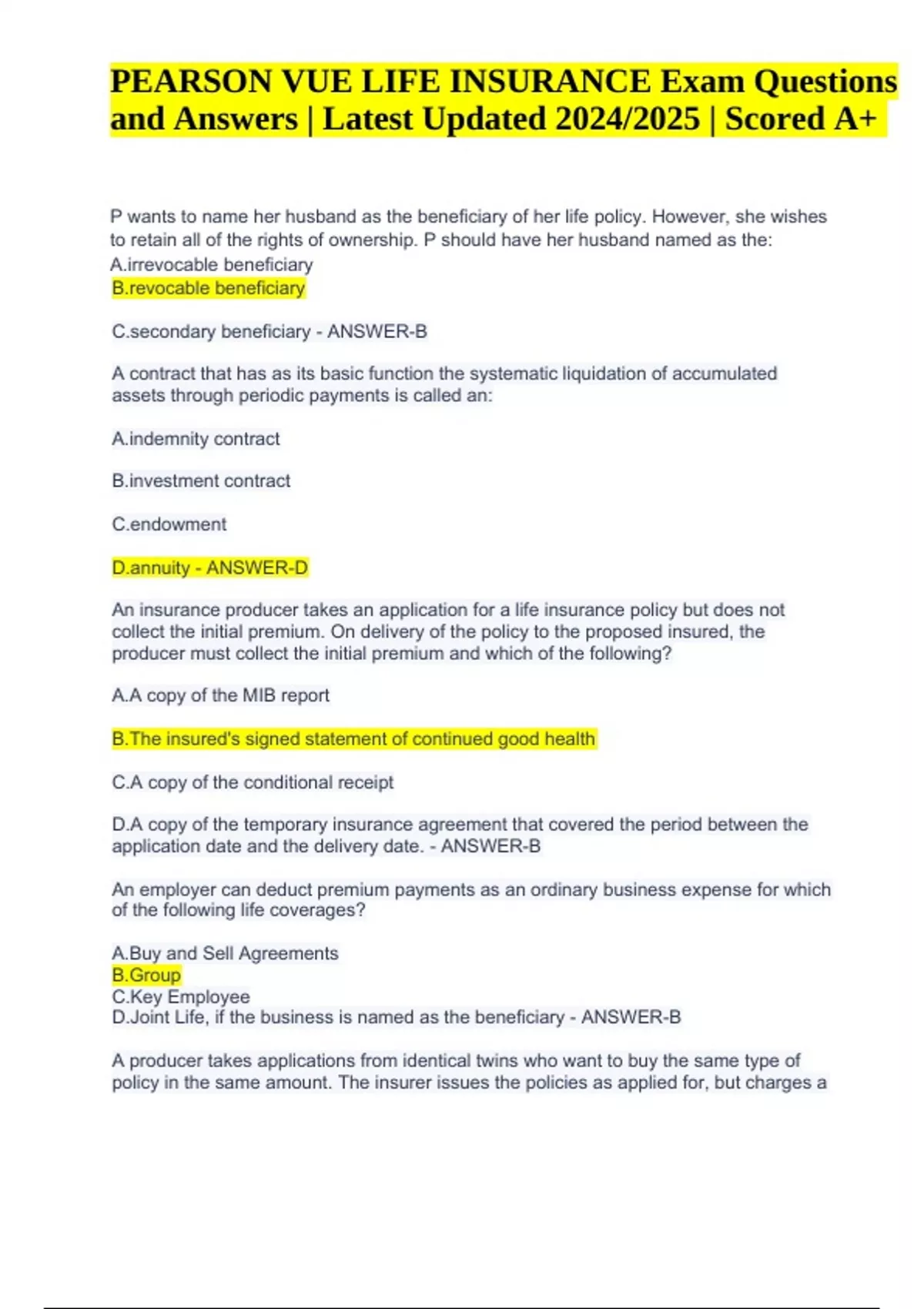 PEARSON VUE LIFE INSURANCE Exam Questions and Answers Latest Updated