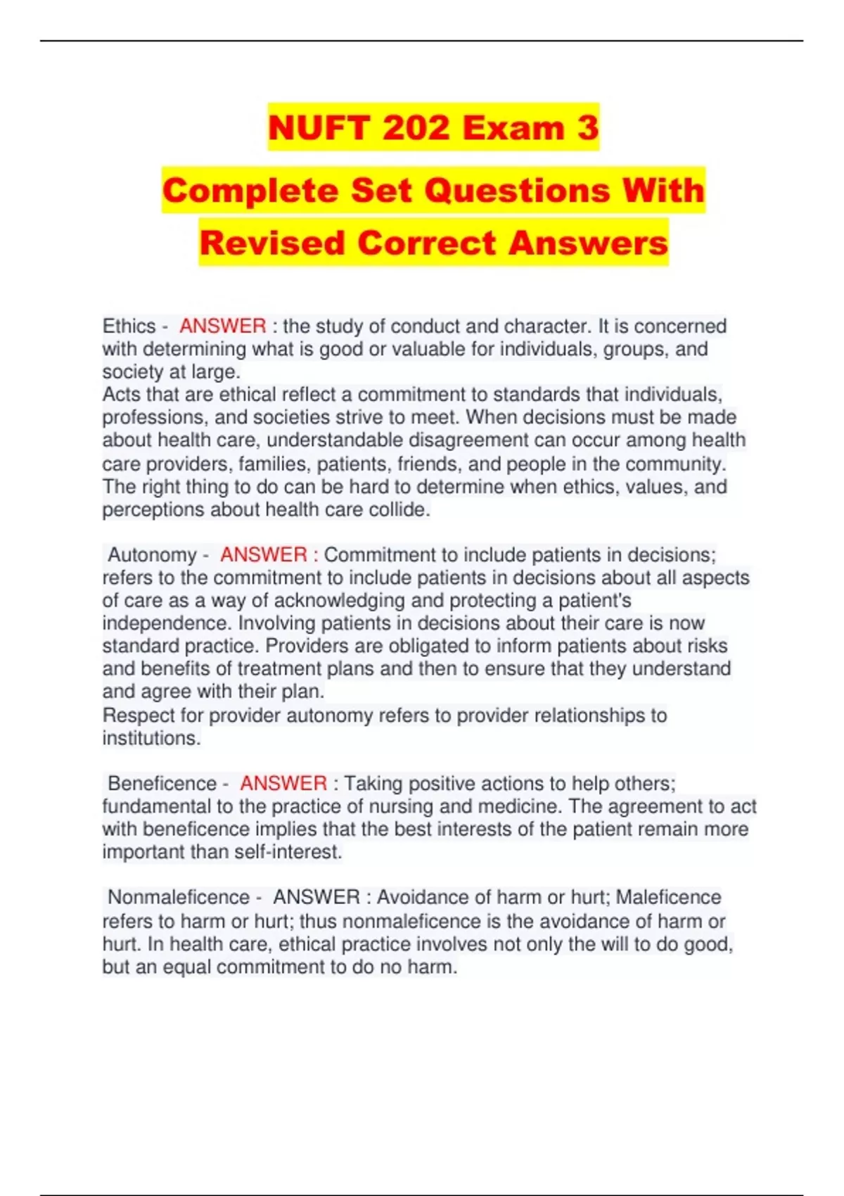 NUFT 202 Exam 3 Complete Set Questions With Revised Correct Answers ...