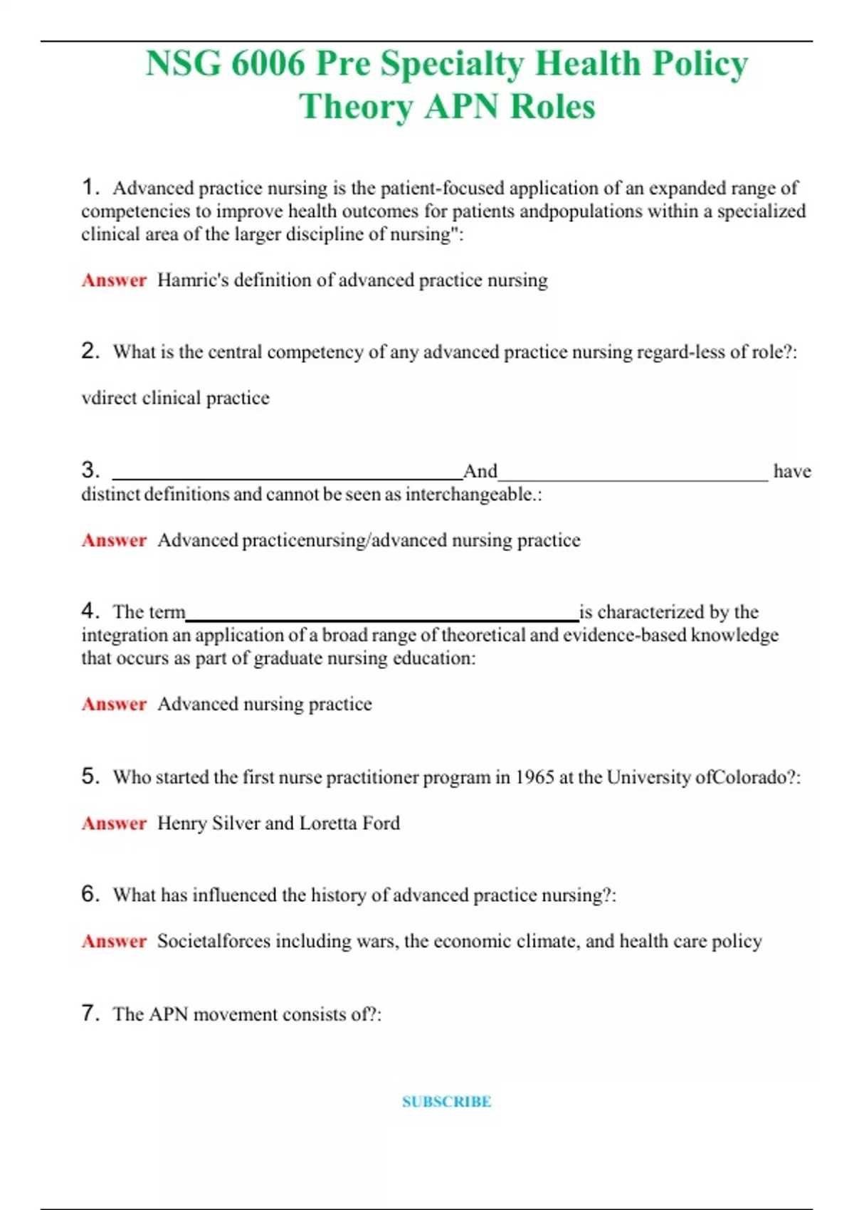 NSG 6006 Pre Specialty Health Policy Theory APN Roles (Latest 2024 / ...