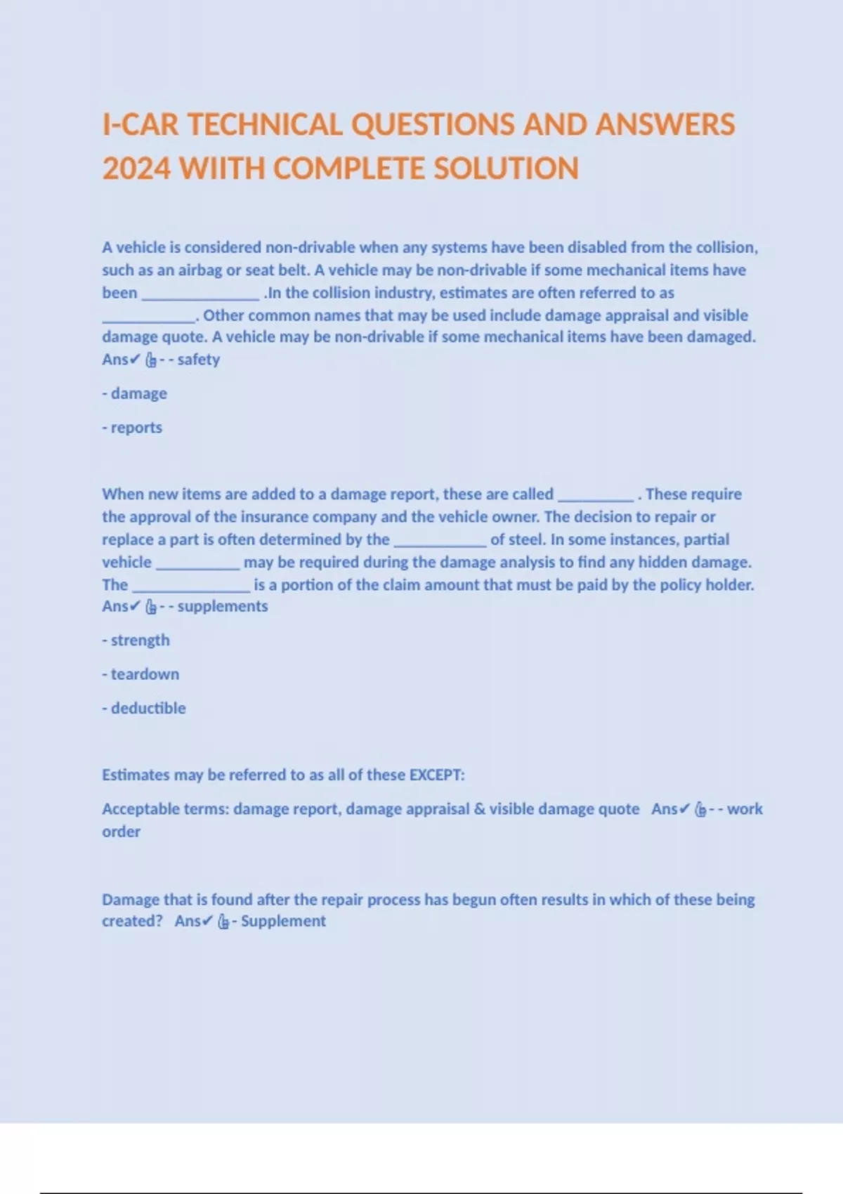 I-CAR TECHNICAL QUESTIONS AND ANSWERS 2024 WITH COMPLETE SOLUTION ...