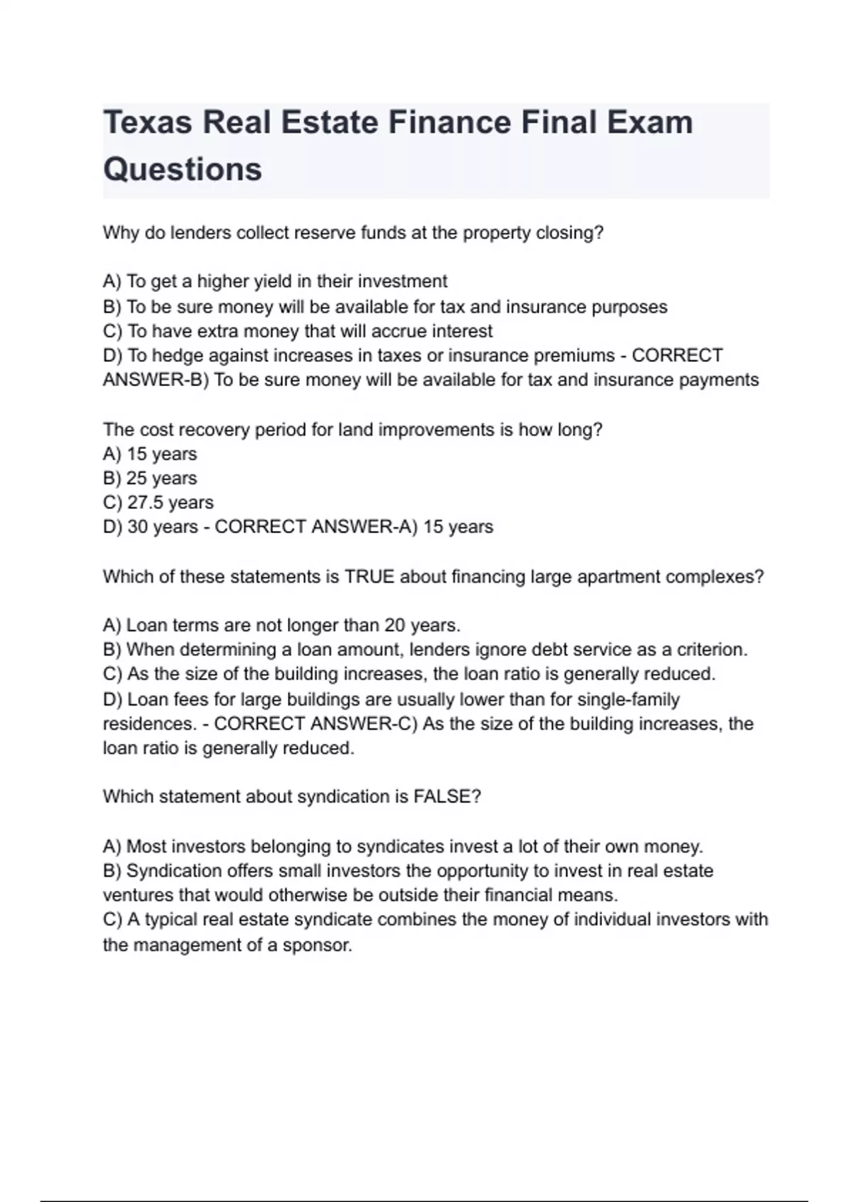 Texas Real Estate Finance Final Exam Questions with complete solution ...