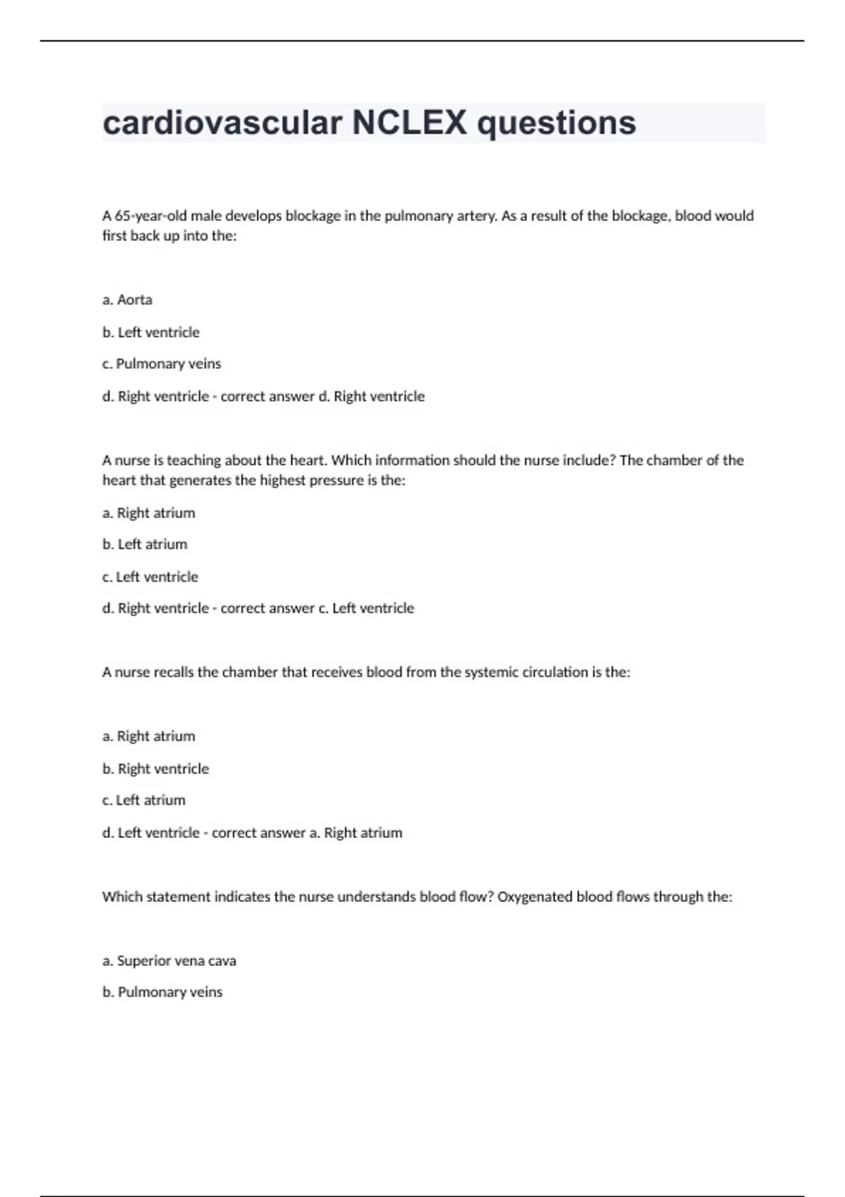 cardiovascular NCLEX questions with answers 2024/2025 Cardiac nclex