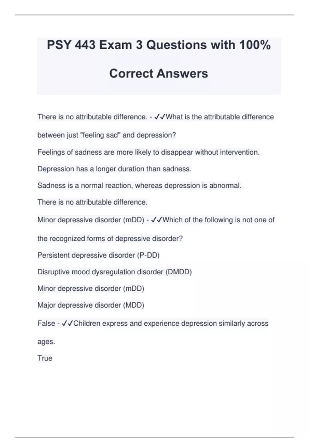 PSY 443 Exam 3 Questions with 100% Correct Answers - PSY - Stuvia US