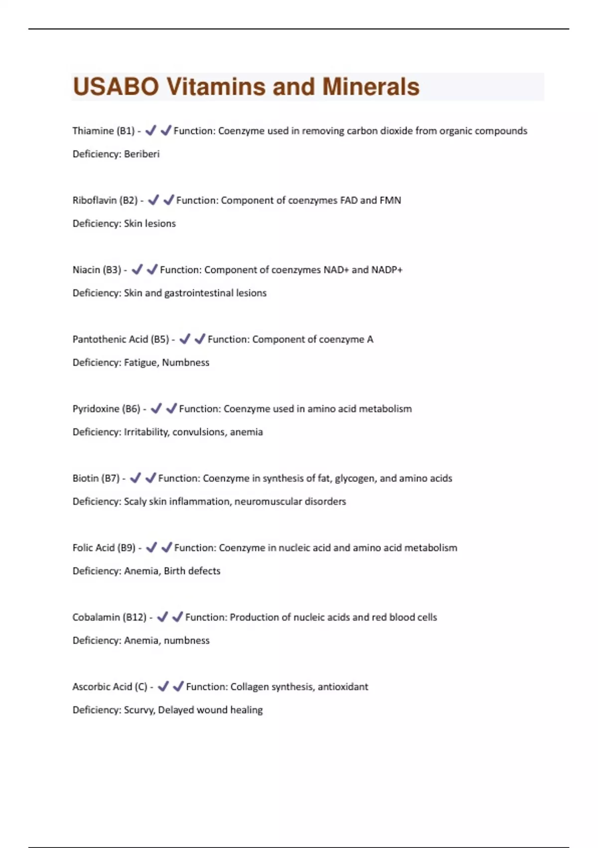 USABO Vitamins and Minerals Questions And Answers Solved 100 Correct