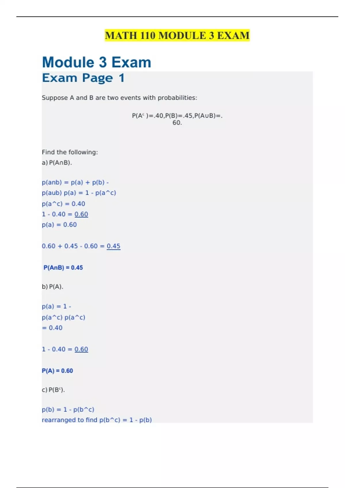 MATH 110 MODULE 3 EXAM - MATH 110 MODULE 3 - Stuvia US