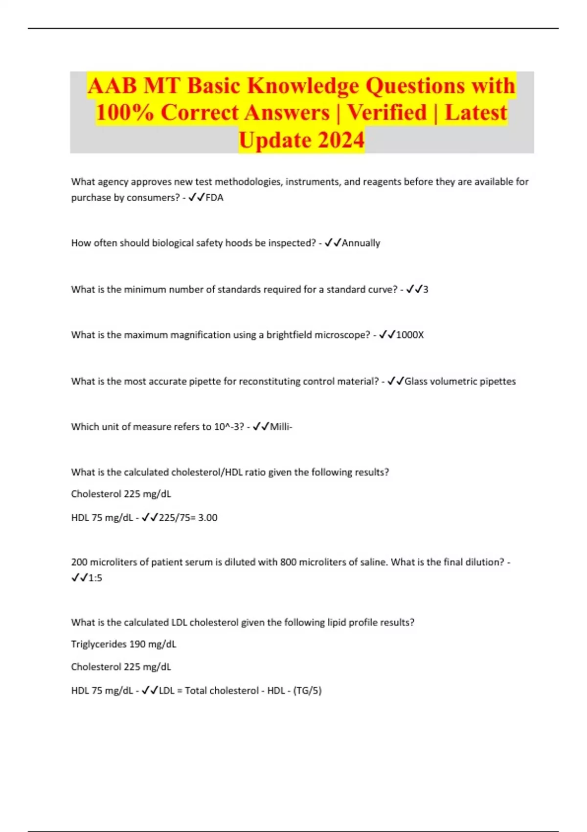 AAB MT Basic Knowledge Questions with 100% Correct Answers | Verified ...