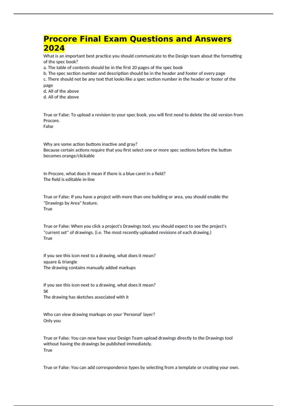 Procore Final Exam Questions and Answers 2024 - Procore - Stuvia US