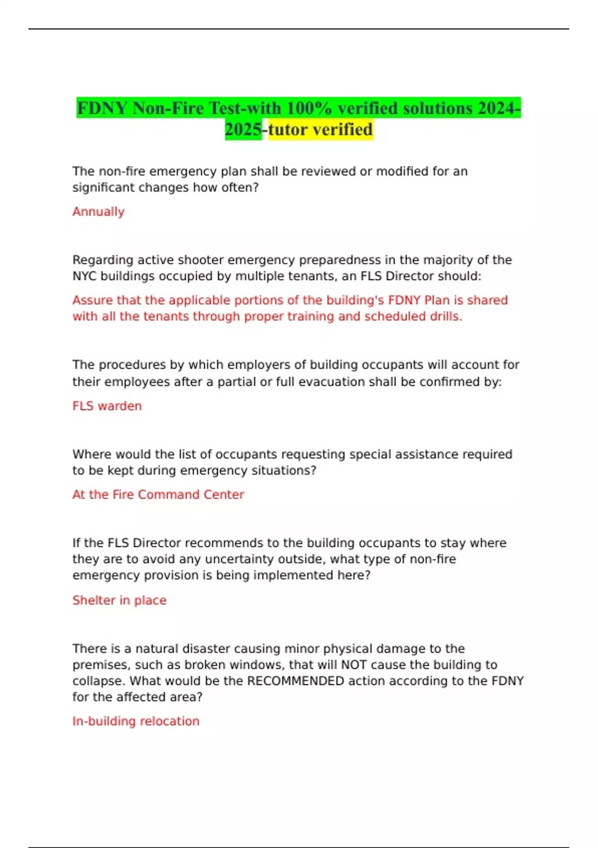 Fdny Non Fire Test With 100 Verified Solutions Tutor Verified Fdny