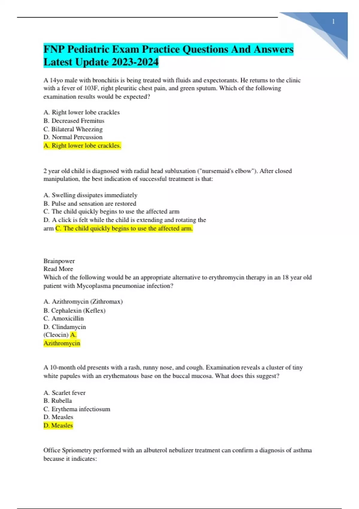 FNP Pediatric Exam Practice Questions And Answers Latest Update A+ ...