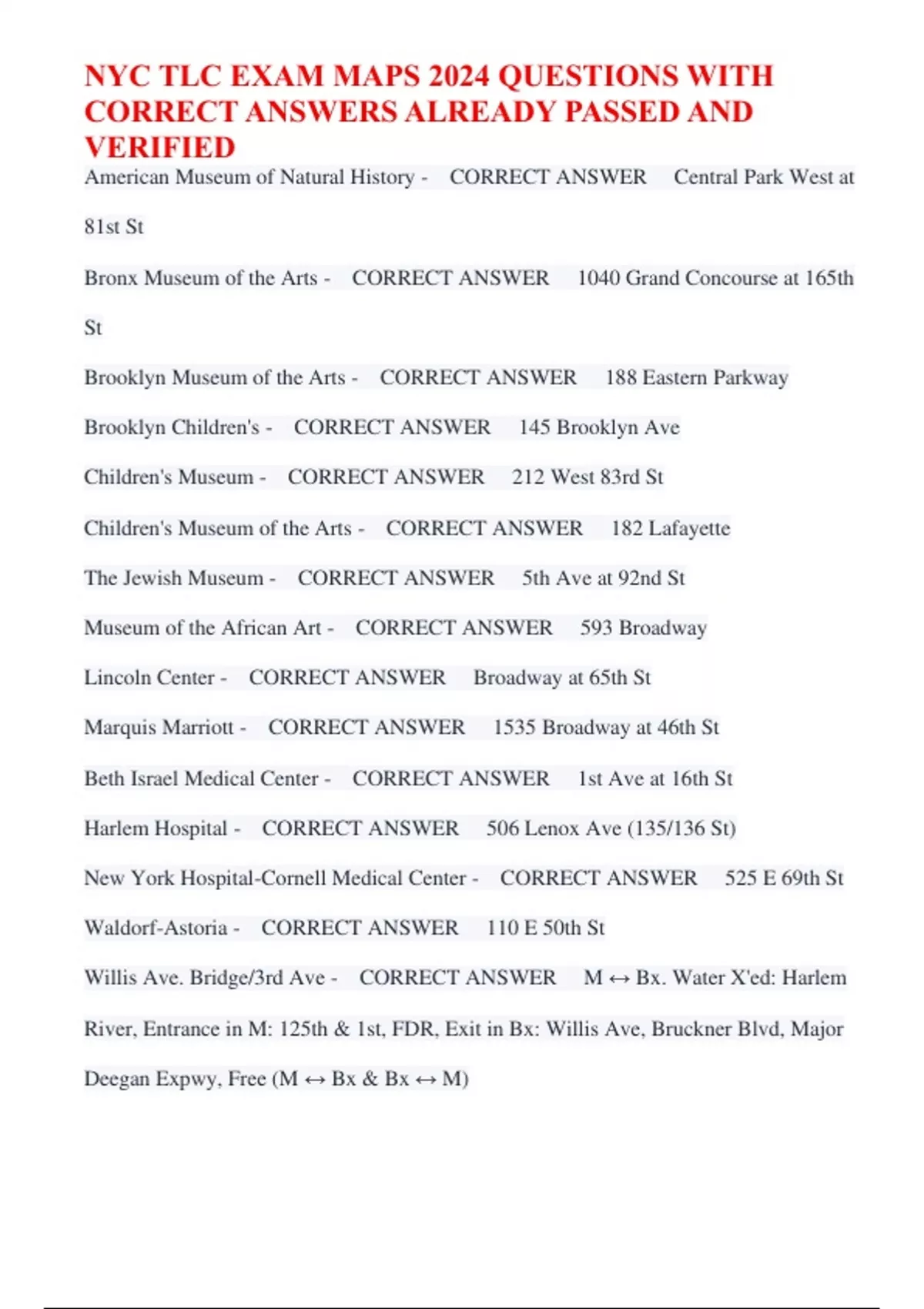 NYC TLC EXAM MAPS 2024 QUESTIONS WITH CORRECT ANSWERS ALREADY PASSED