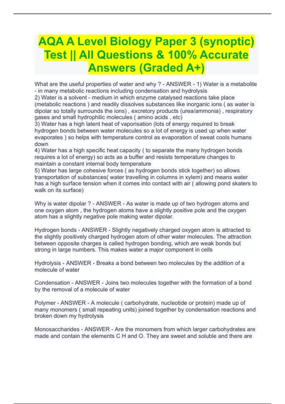 AQA A Level Biology Paper 3 (synoptic) Test || All Questions & 100% ...