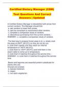 Certified Dietary Manager (CDM) Test Questions And Correct  Answers | Updated