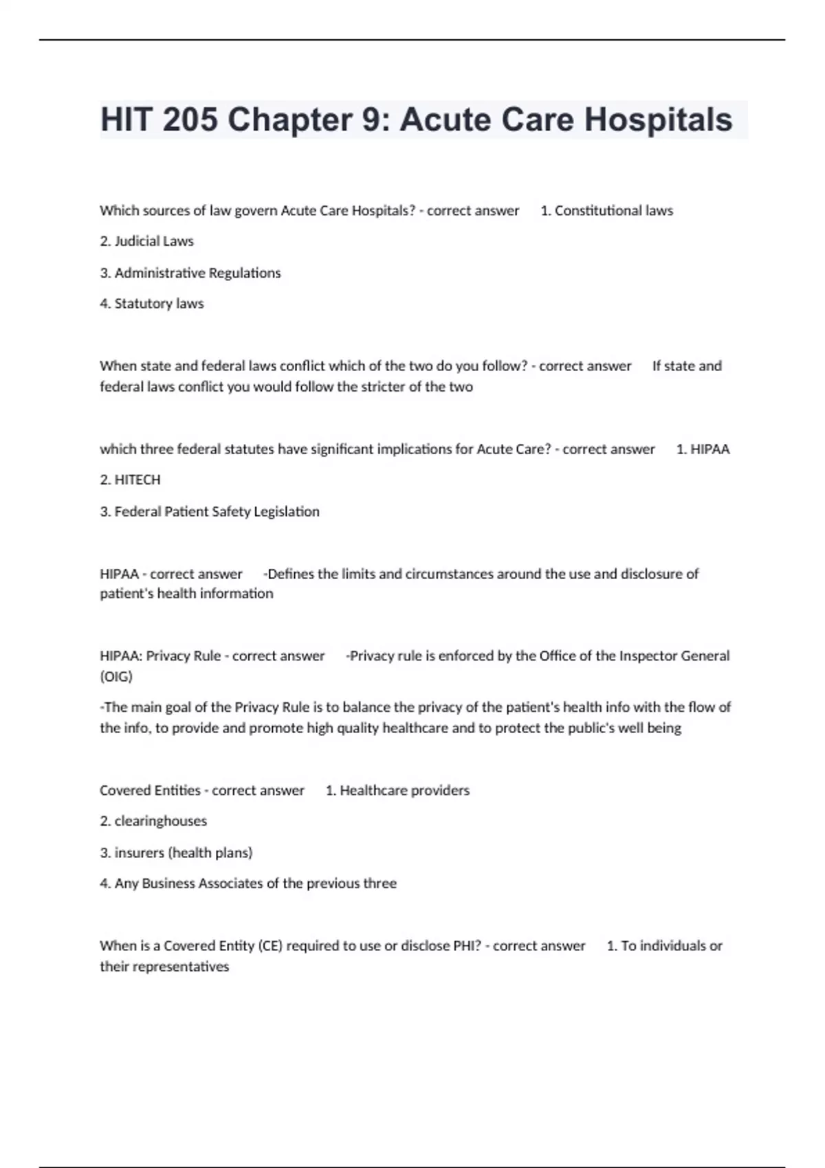 HIT 205 Chapter 9: Acute Care Hospitals Complete Questions And Answers ...