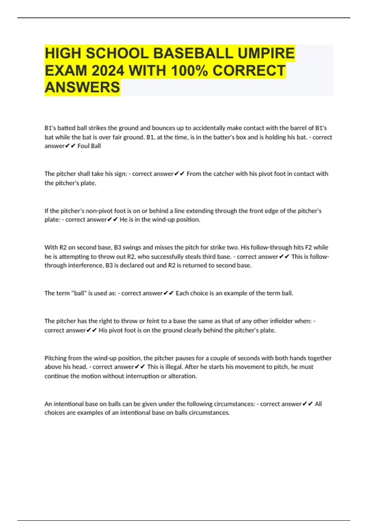 HIGH SCHOOL BASEBALL UMPIRE EXAM 2024 WITH 100 CORRECT ANSWERS HIGH