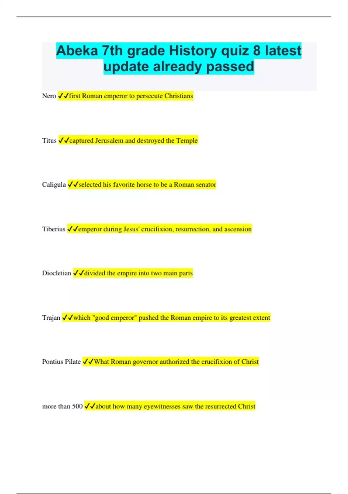 Abeka 7th grade History quiz 8 latest update already passed - Abeka 7th ...