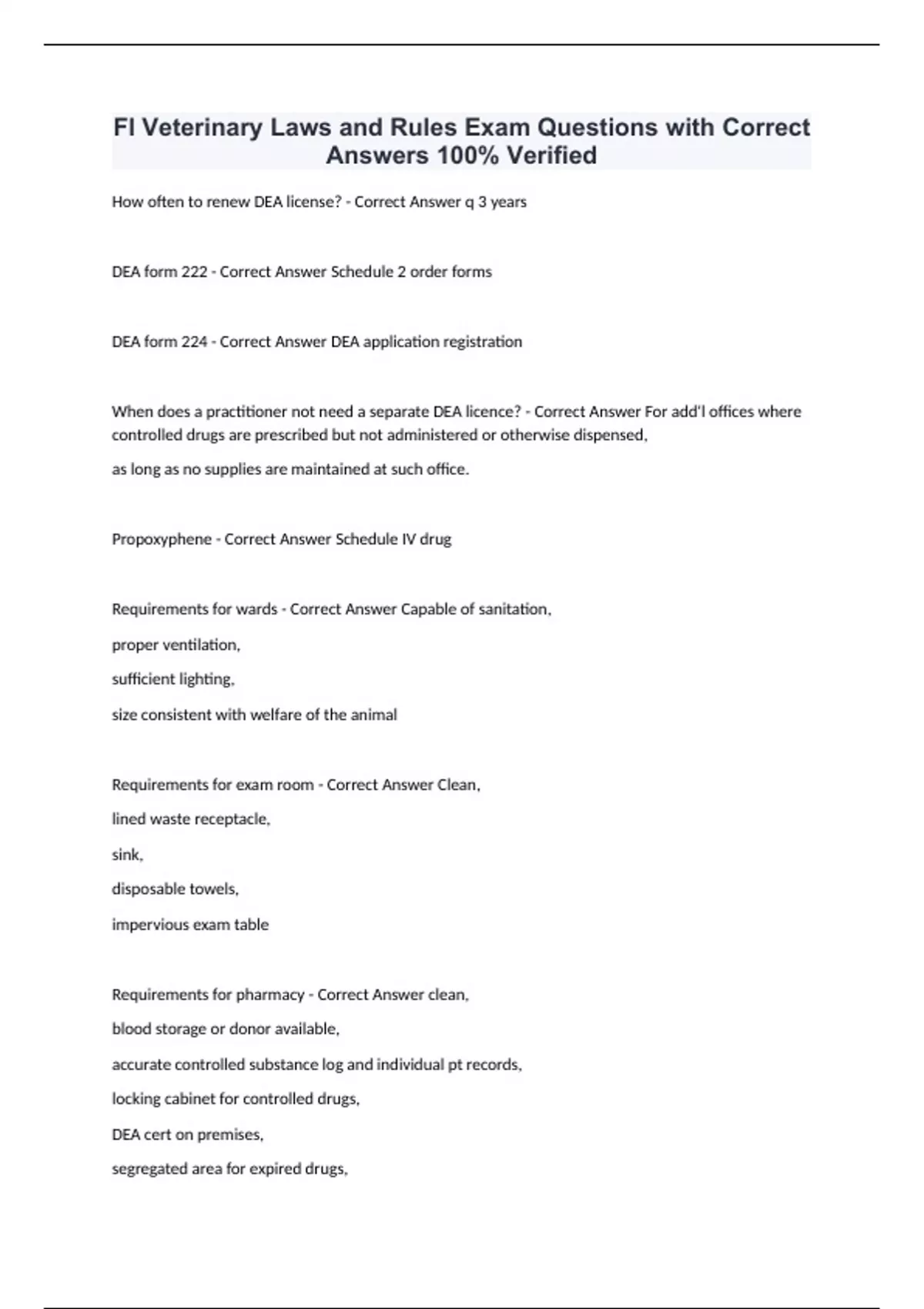 Fl Veterinary Laws and Rules Exam Questions with Correct Answers 100% ...