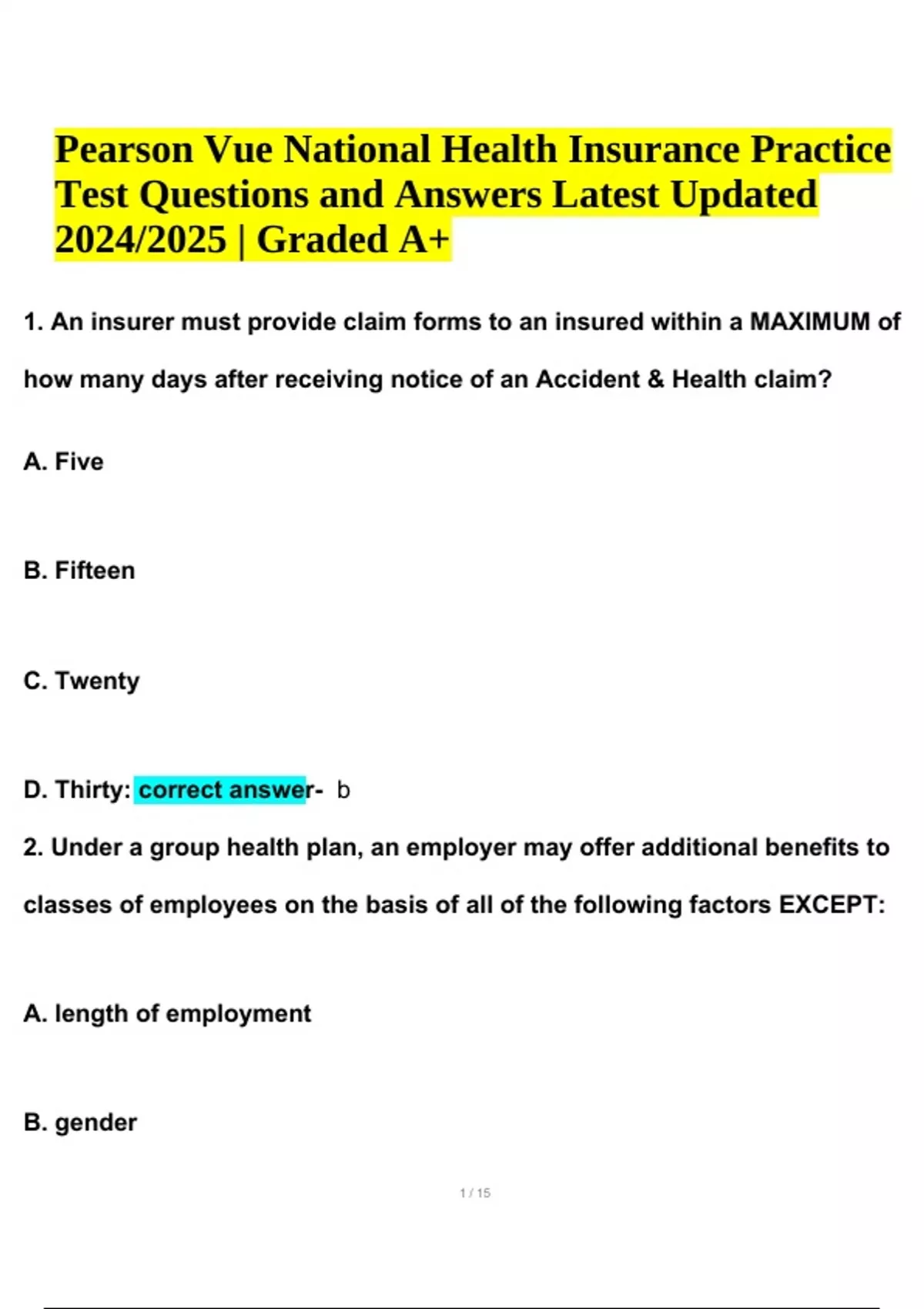 Pearson Vue National Health Insurance Practice Test Questions and