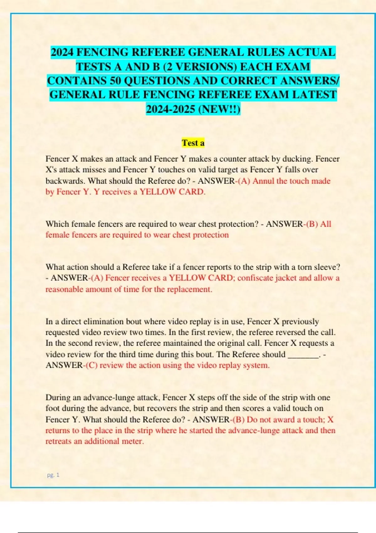 2024 FENCING REFEREE GENERAL RULES ACTUAL TESTS A AND B (2 VERSIONS