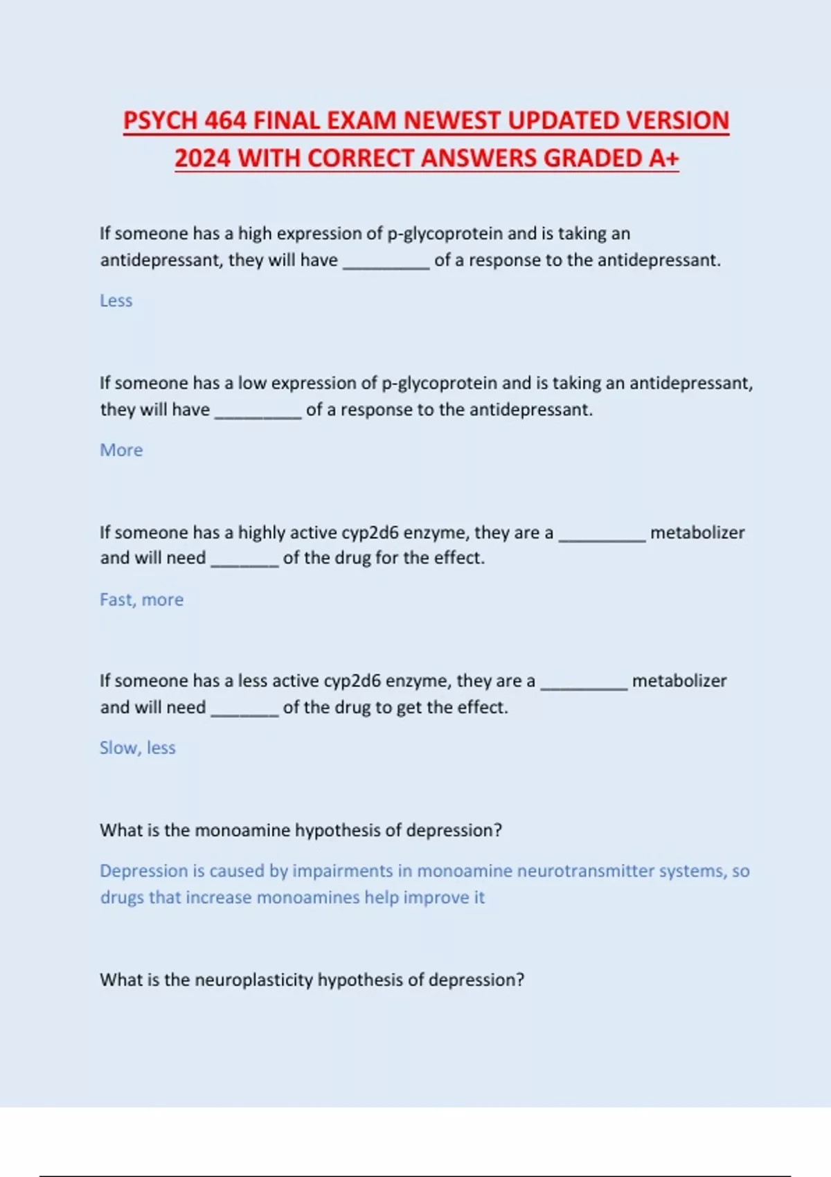 PSYCH 464 FINAL EXAM NEWEST UPDATED VERSION 2024 WITH CORRECT ANSWERS ...
