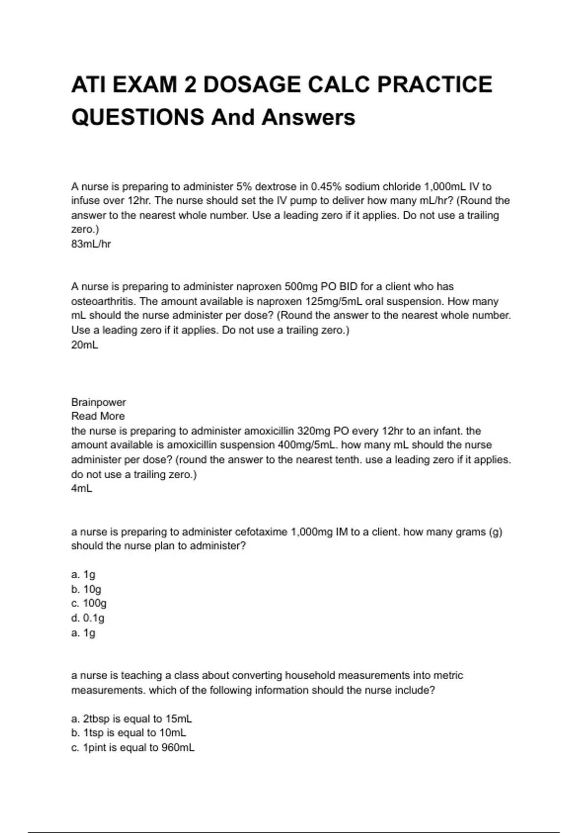ATI EXAM 2 DOSAGE CALC PRACTICE QUESTIONS (2026 / 2027) Questions and ...