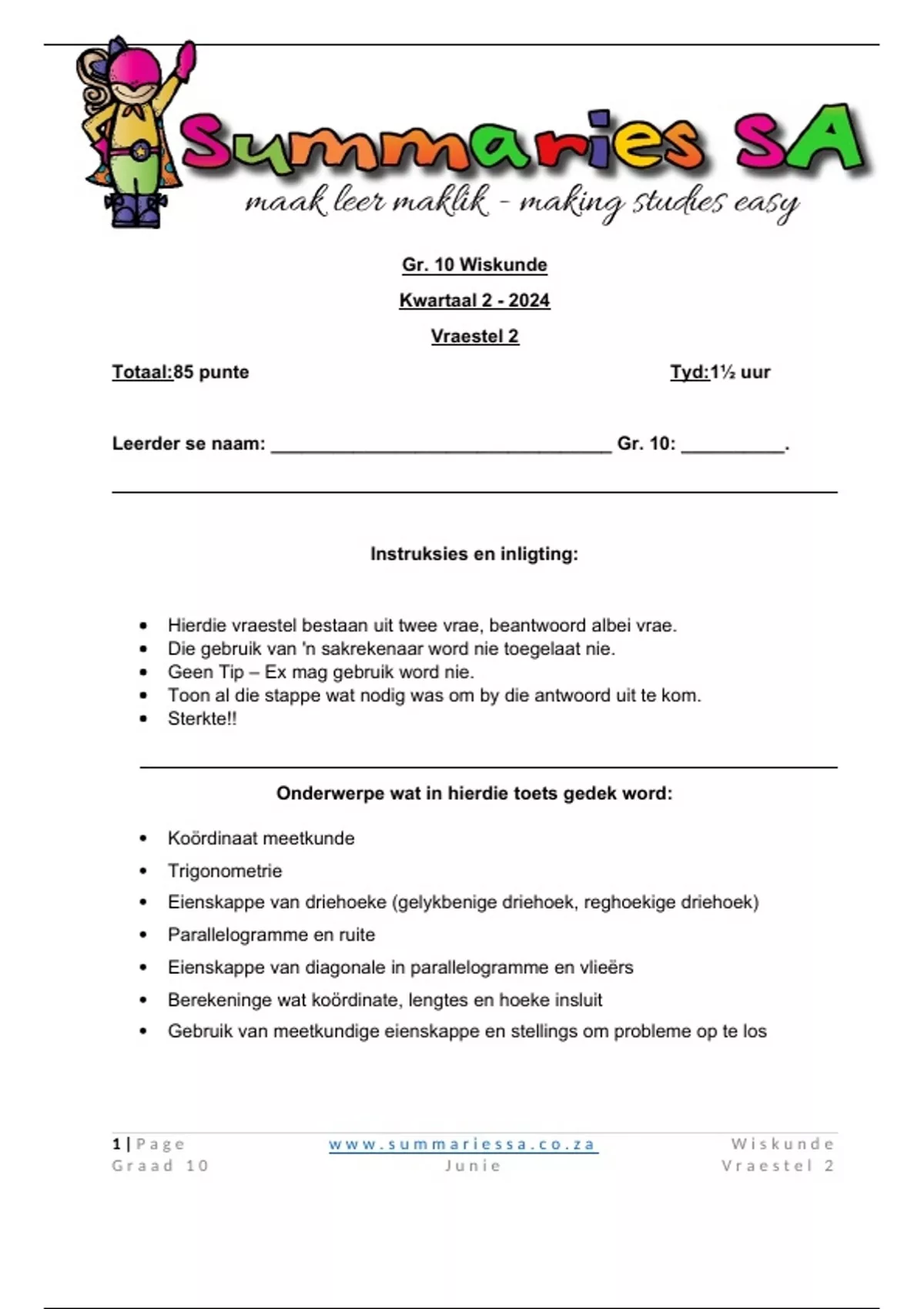 Graad 10 Wiskunde (WISK) Junie Vraestel 2 en Memo - 2024 - Mathematics ...