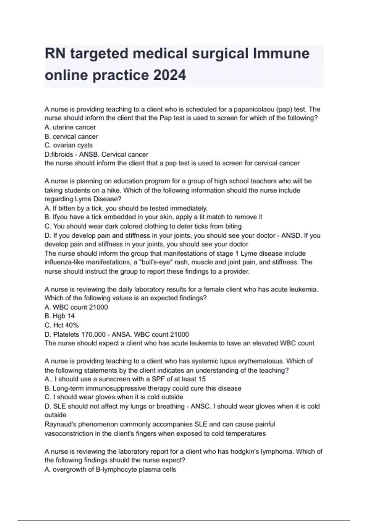 RN targeted medical surgical Immune online practice 2024 questions and