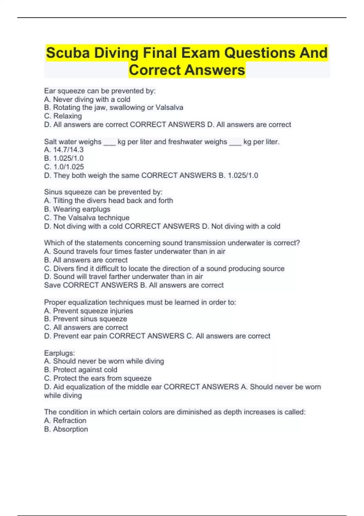 Scuba Diving Final Exam Questions And Correct Answers Scuba Stuvia US
