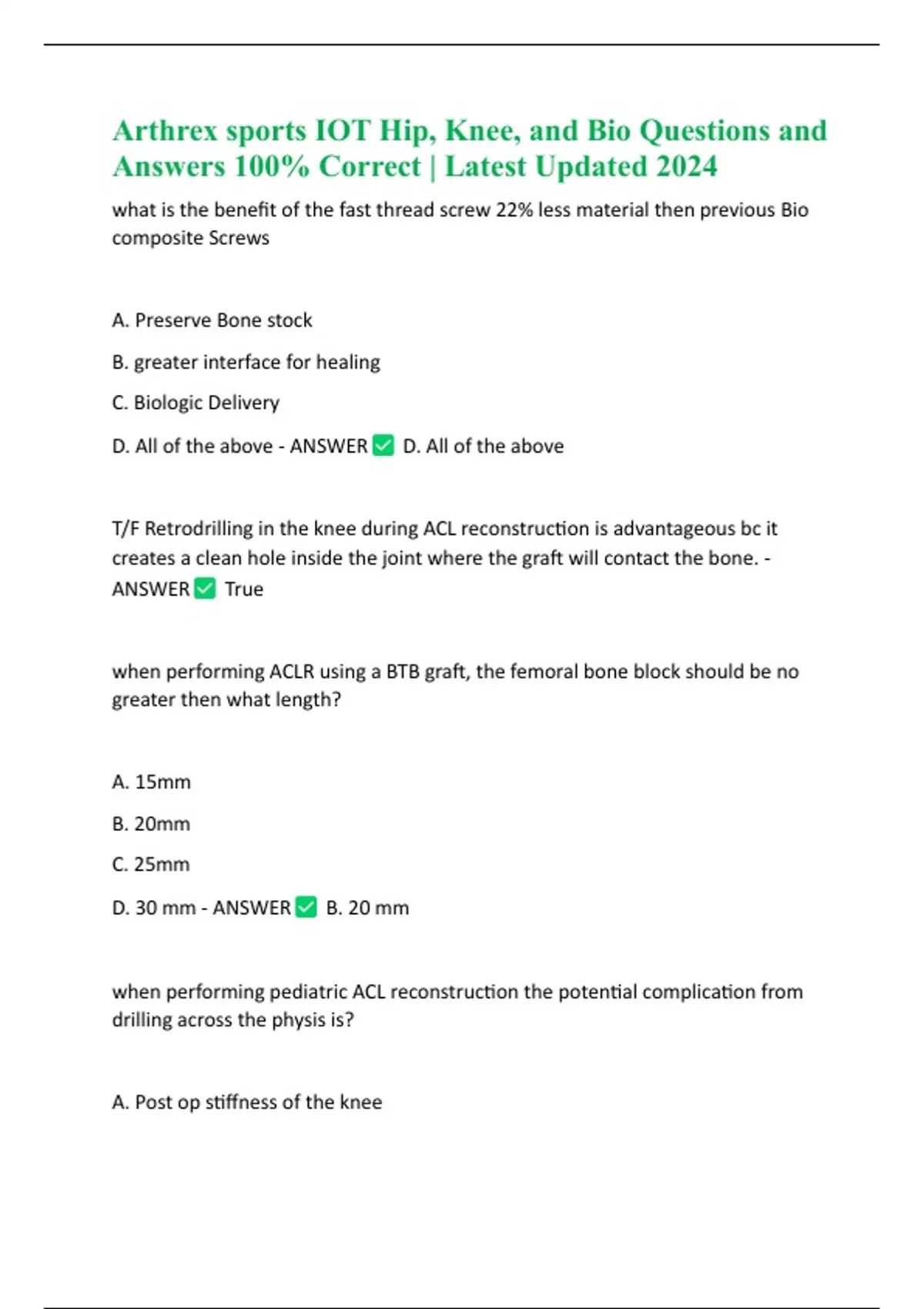 Arthrex sports IOT Hip, Knee, and Bio Questions and Answers 100