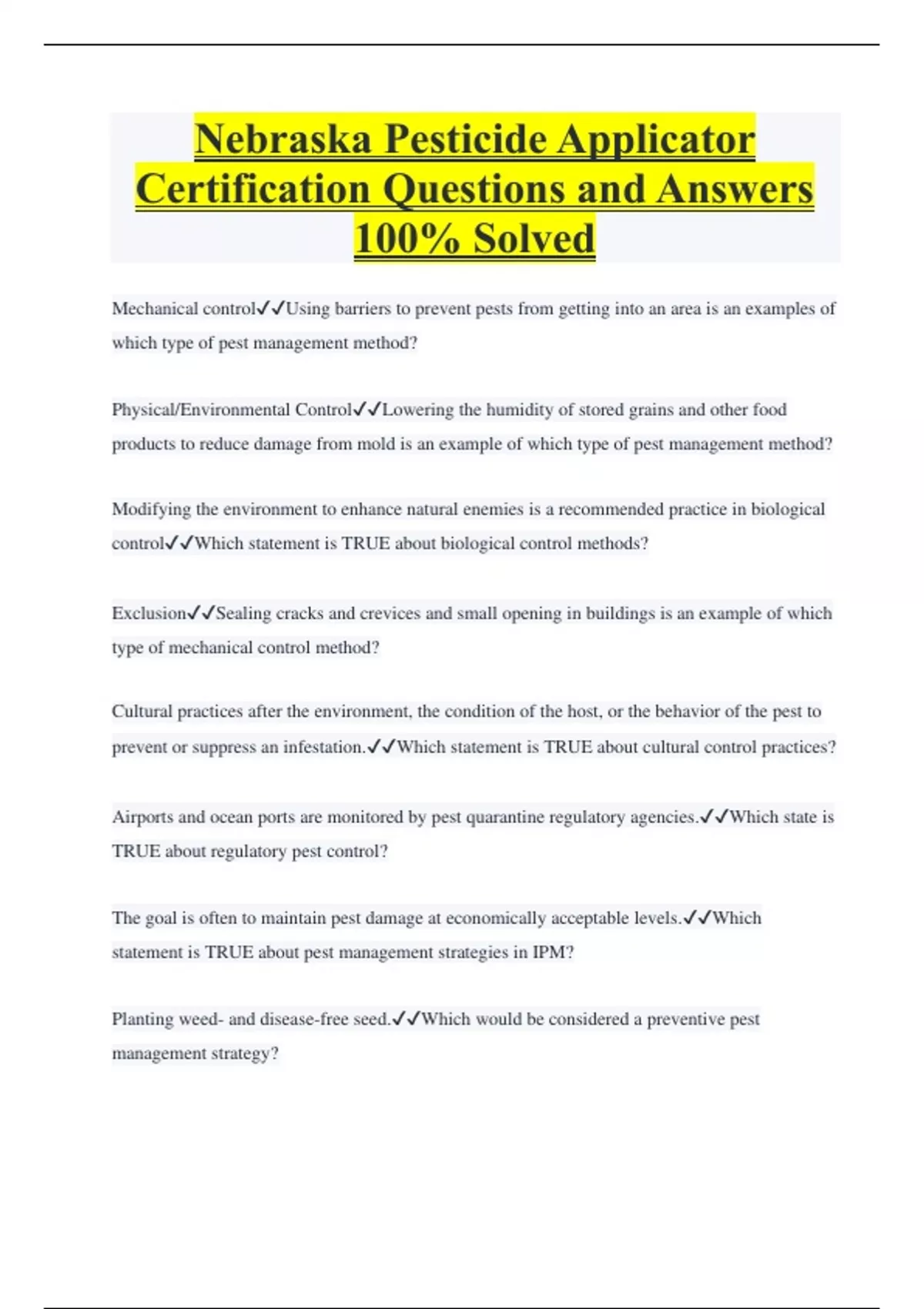 Nebraska Pesticide Applicator Certification Questions and Answers 100