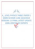 A&lowbar; LEVEL PHYSICS 7408&sol;1 PAPER 1 MARK SCHEME JUNE 2023&sol;2024 VERSION&colon; 1&period;0 FINAL LATEST UPDATE 100&percnt; VERIFIED BY EXPERTS 
