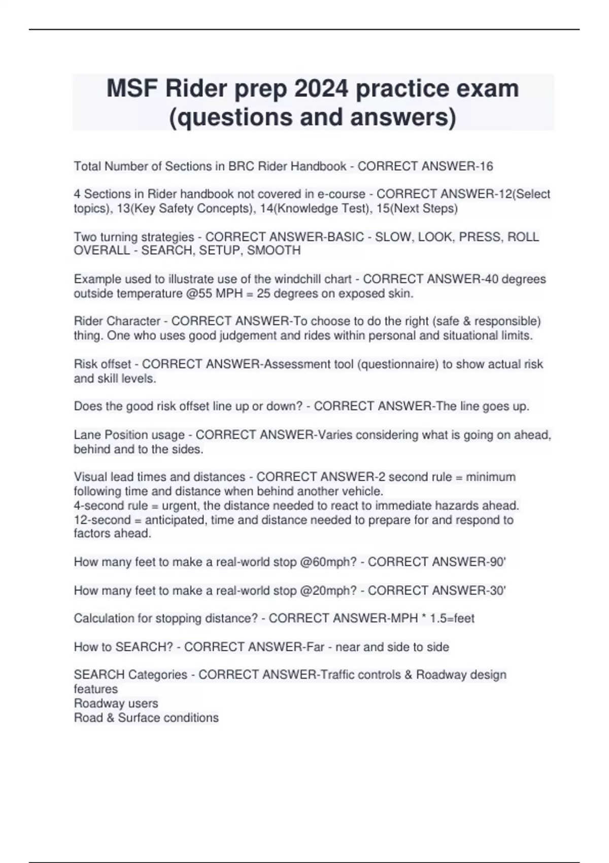 MSF Rider prep 2024 practice exam (questions and answers) MSF Stuvia US