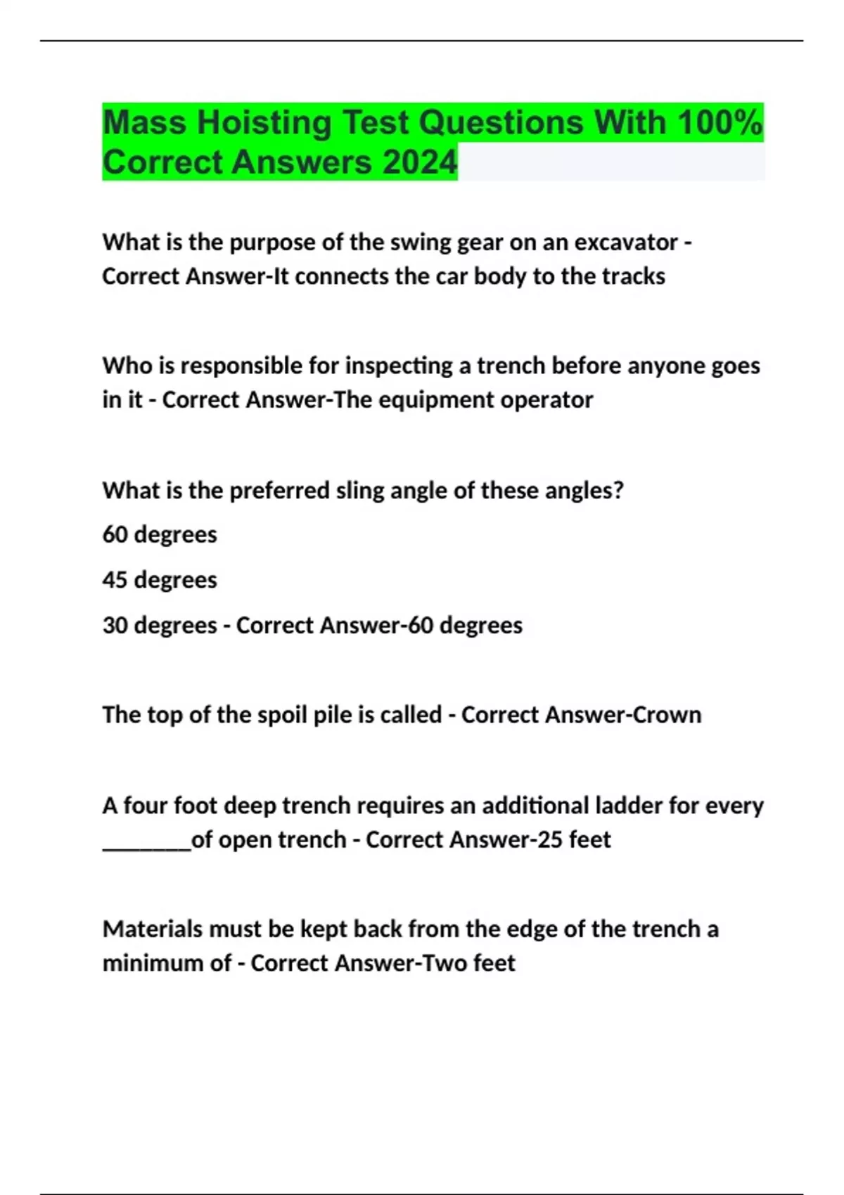 Mass Hoisting Test Questions With 100 Correct Answers 2024