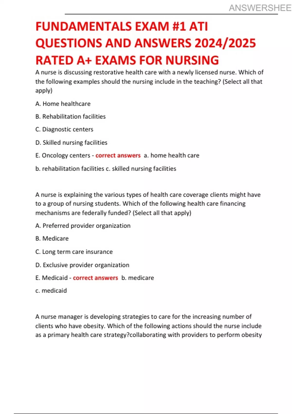 FUNDAMENTALS EXAM #1 ATI QUESTIONS AND ANSWERS RATED A+ EXAMS FOR ...