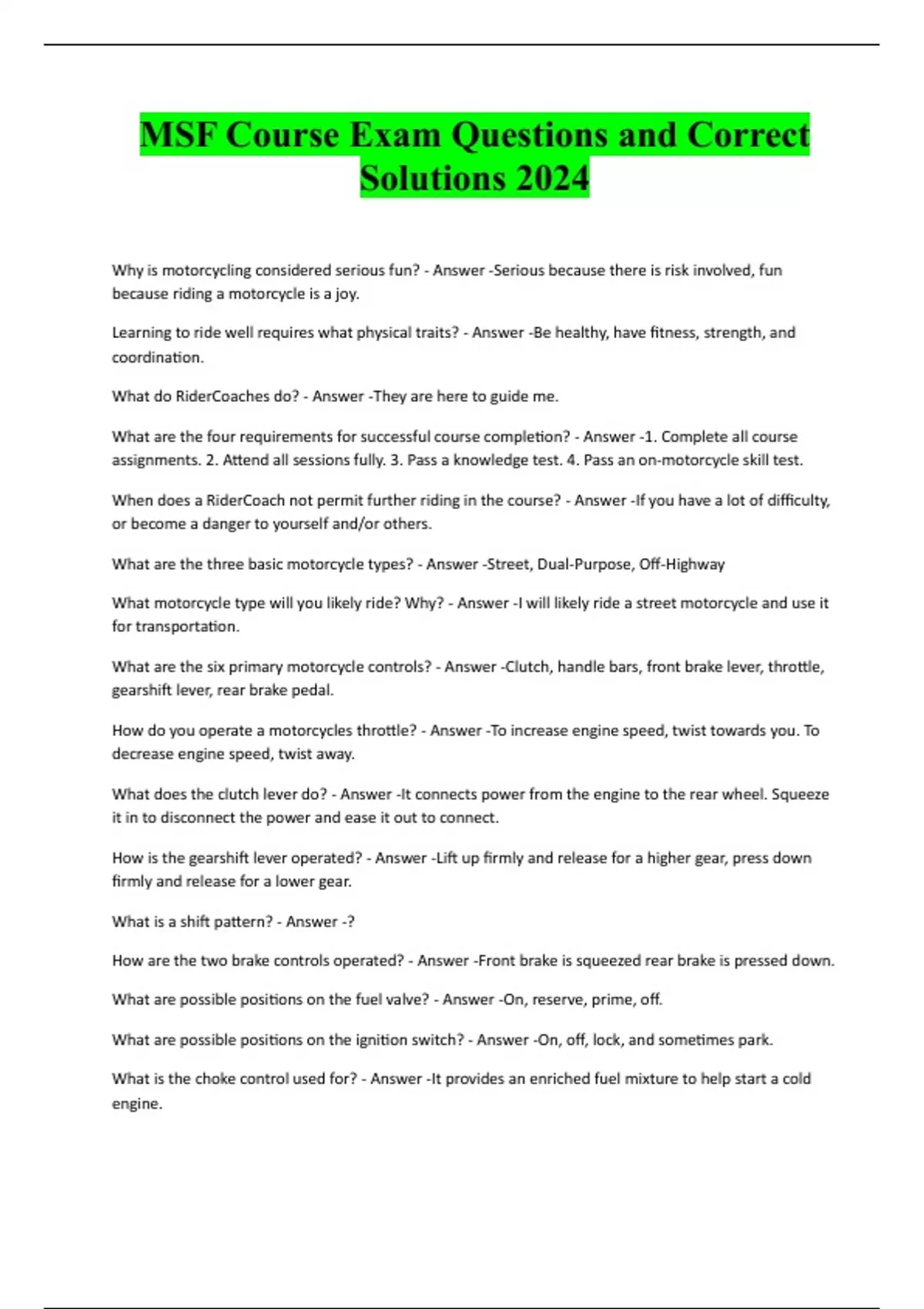 MSF Course Exam Questions and Correct Solutions 2024 MSF Stuvia US