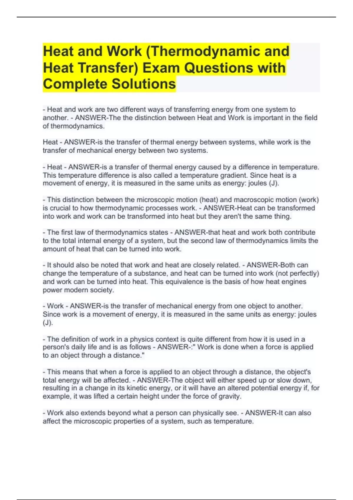 Heat and Work (Thermodynamic and Heat Transfer) Exam Questions with ...