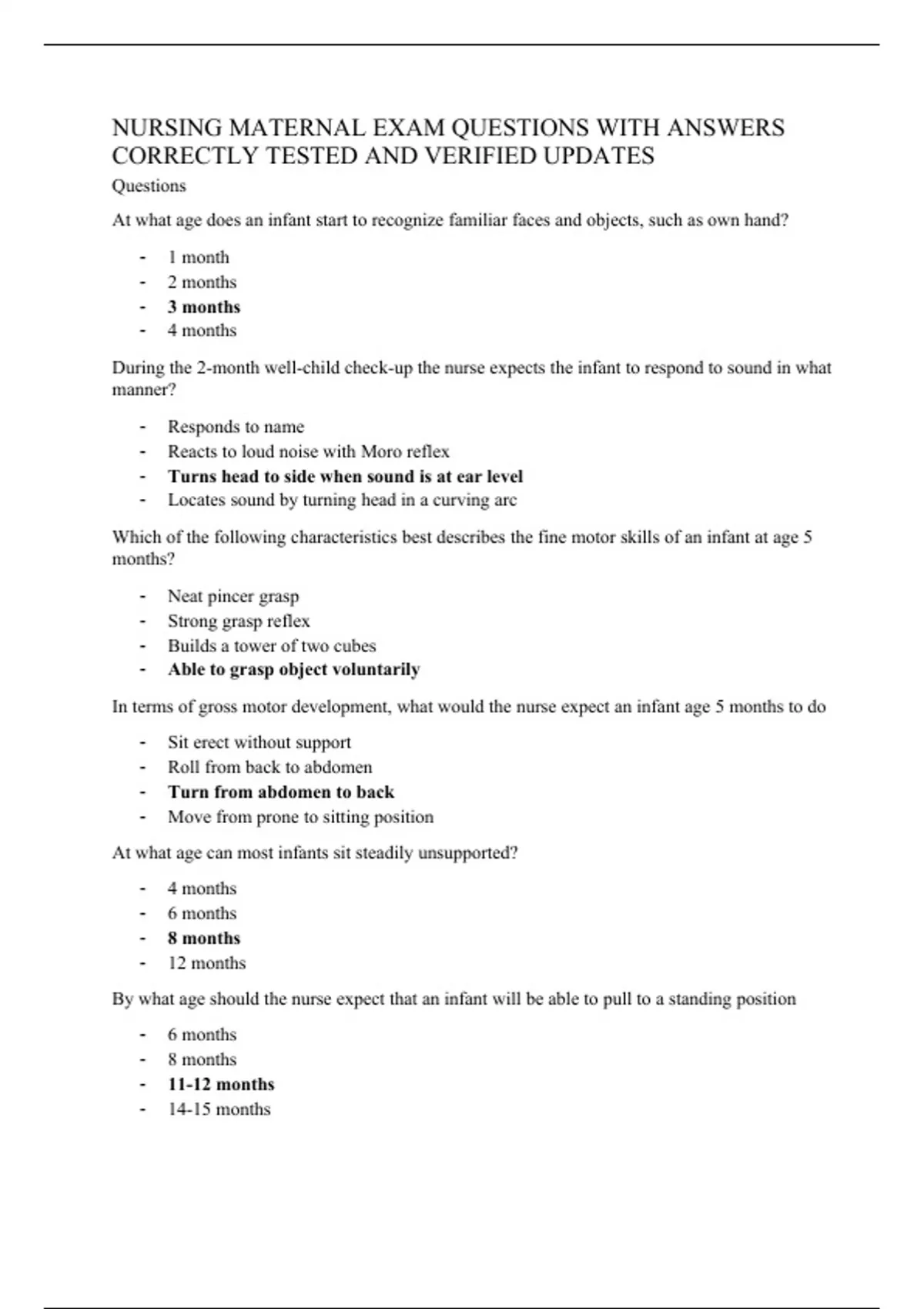 NURSING MATERNAL EXAM QUESTIONS WITH ANSWERS CORRECTLY TESTED AND ...