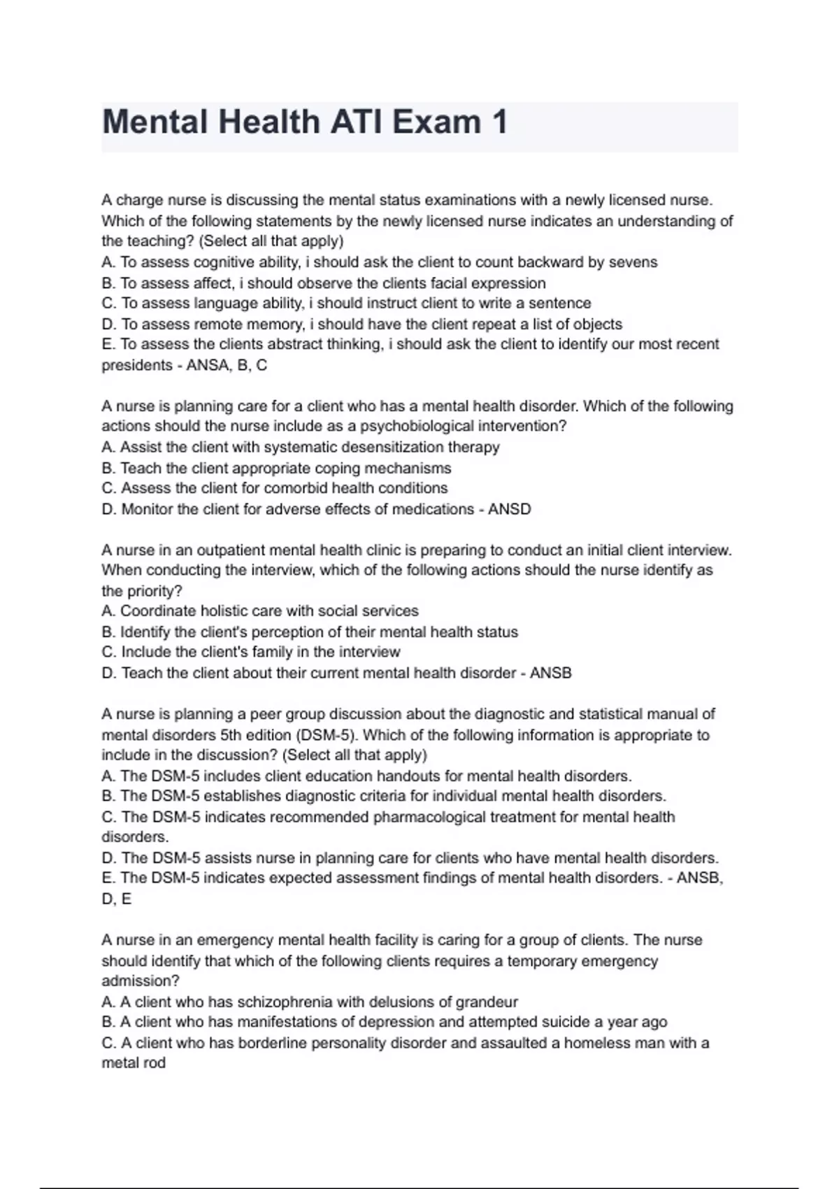 Mental Health ATI Exam 1 questions and answers graded A+ 2024/2025 ...