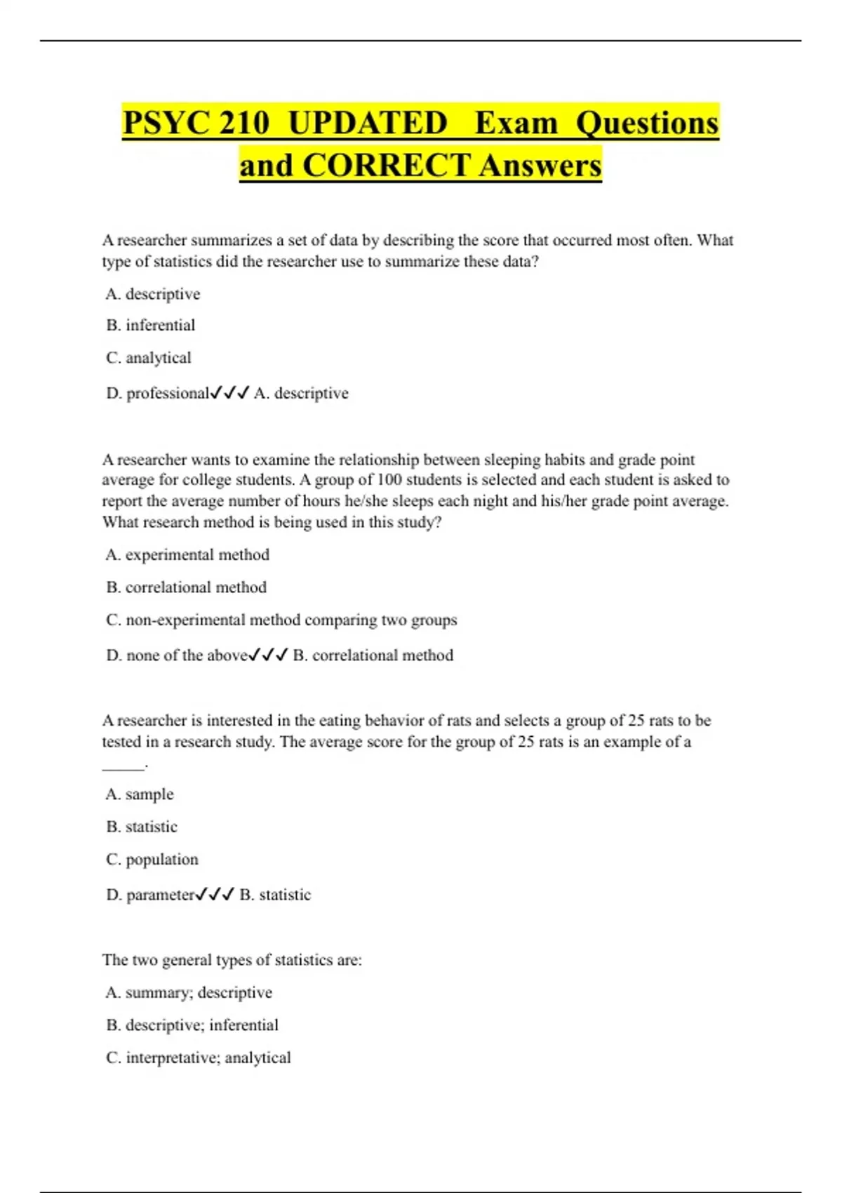 PSYC 210 UPDATED Exam Questions and CORRECT Answers - PSYC 210 - Stuvia US